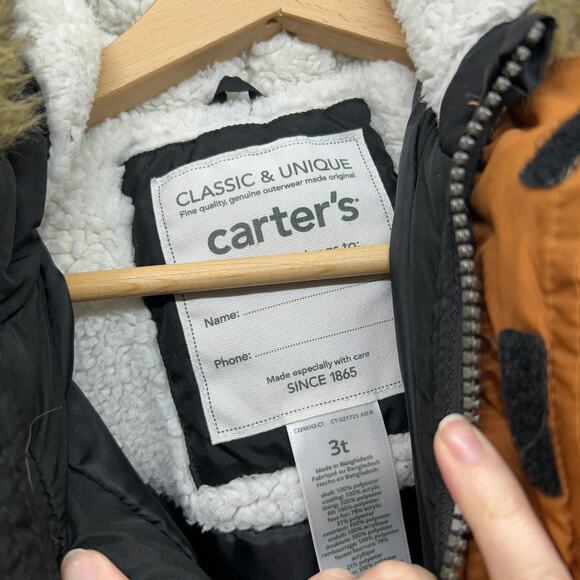 Carter's Winter Coat Toddler Kids Boys 3T Brown Black Faux Fur Trim - Picture 3 of 3